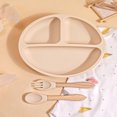 thumbnail image 1 of SNNROO 3pcs/Set 100% Silicone Baby Feeding Set With Suction Bottom Plate And Wooden Handle Spoon & Fork, 1 of 7