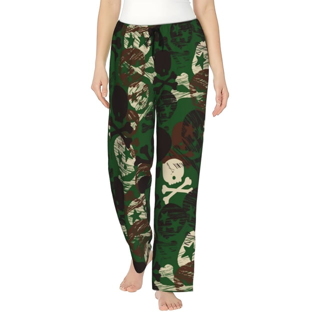 Fotbe Camouflage Skull Pantalones de Pijama para Mujer, Pantalones de Dormir, Pantalones Pj con Cordón y Bolsillos-Large