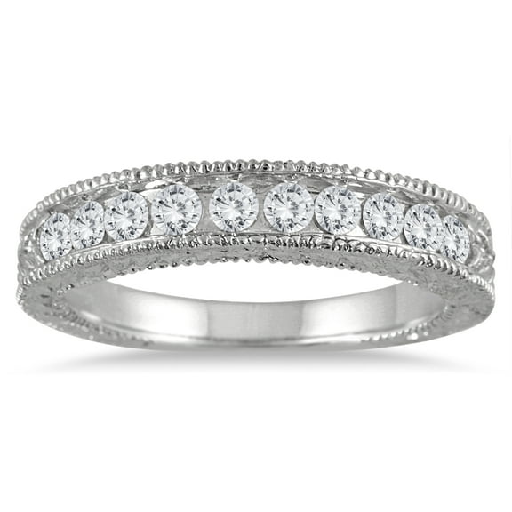 SZUL Women's 1/2 Carat TW Diamond Engraved Antique Band in 10K White Gold (J-K-L Color, I2-I3 Clarity)