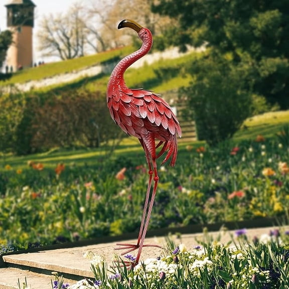 34 Inch Flamingo Garden Decor, Metal Bird Statue Yard Decor, Large Flamingo Outdoor Statues for Patio, Lawn, Backyard, Porch, Garden Sculpture & Statue, Red