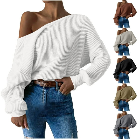 Fartey Women's Off Shoulder Sweaters Trendy Twist Open Back Sweater Loose Fit Ribbed Knit Long Sleeve Pullover Sweaters Fashion Y2K Sweaters Black 2XL