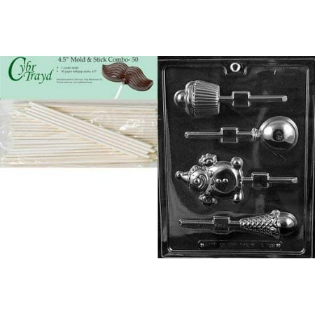 50 Assortment - Cybrtrayd 45St50-K133 Kids Party Assortment Lollies Kids Chocolate Candy Mold with 50 Cybrtrayd 4.5-Inch Lollipop Sticks