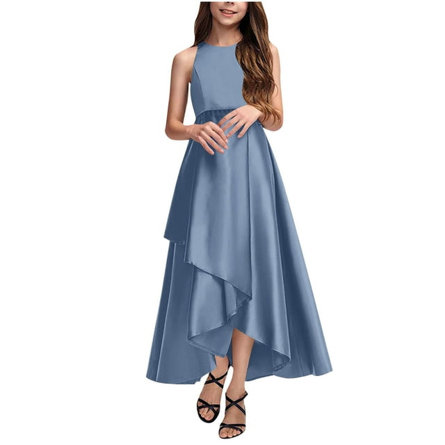 Bwiyojiz Tailles Mode 110-160 Robe de Performance Confortable Unie pour Filles Sans Manches à Col Rond Jupe Longue pour Enfants, Bleu