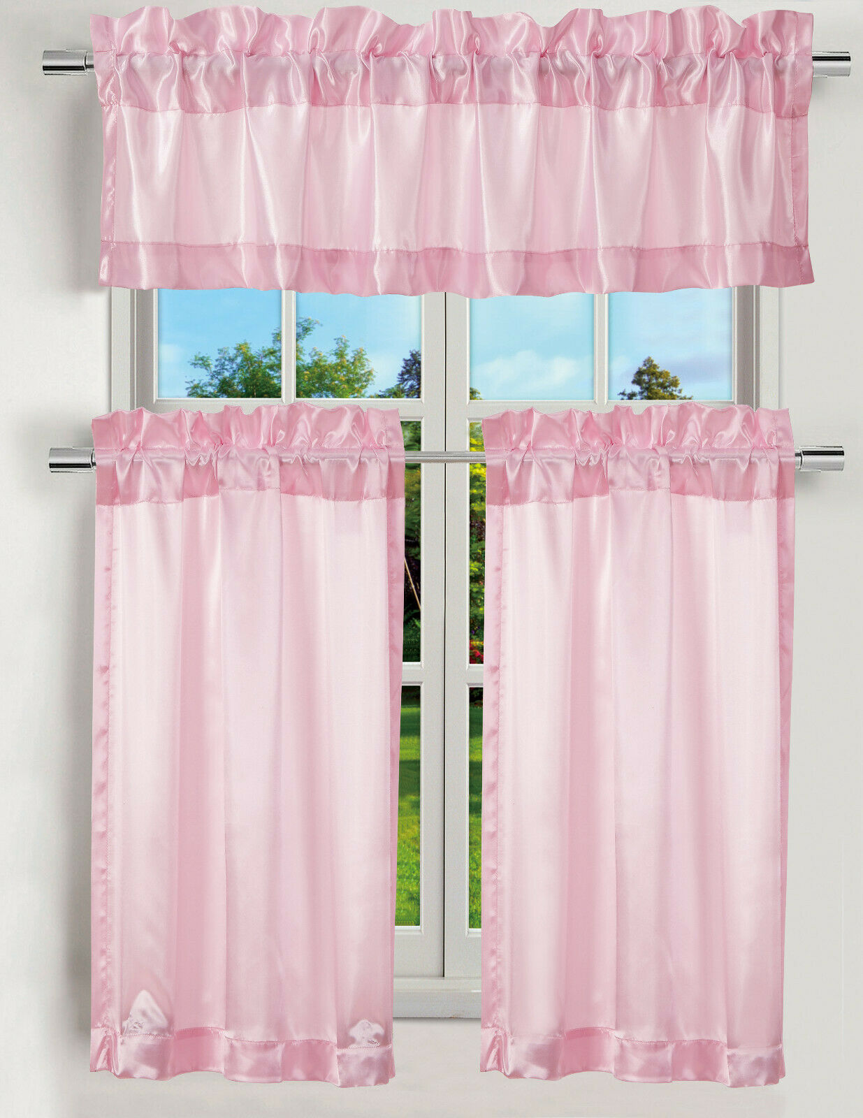 LUXURY 3PC KITCHEN CURTAIN PINK SATIN SOLID COLOR CURTAIN VALANCE AND