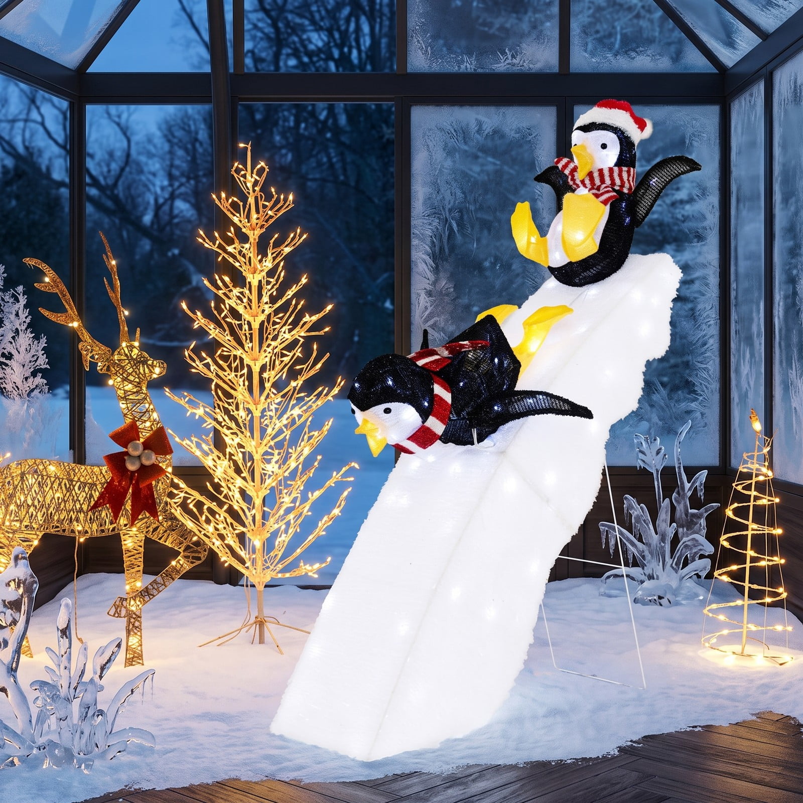 RUIE 4 Feet Christmas Penguin Ice Skating Decoration with Snowy Slide, 130 LED Lights Lighted Outdoor Indoor Holiday Yard Decor, Black White Yellow