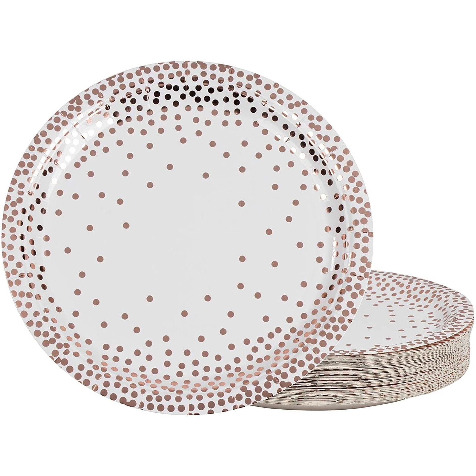 48-Count Rose Gold Party Paper Plates 9', Metallic Rose Gold Foil Polka Dot Favors Decorations Disposable Lunch Dinner Dessert Plates Paper Party Supplies for Wedding Bridal Shower Birthday Party