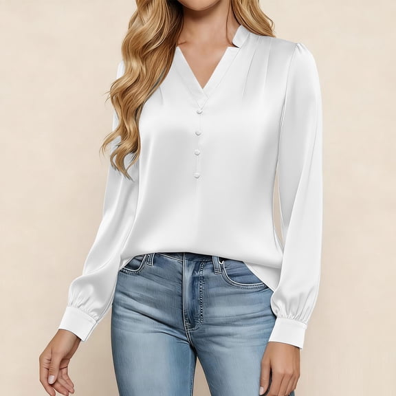 BRGZLK Button Down Shirts for Womens Business Casual Blouses Dressy Work Tops Fashion V Neck Pleated Long Sleeve Shirts White S