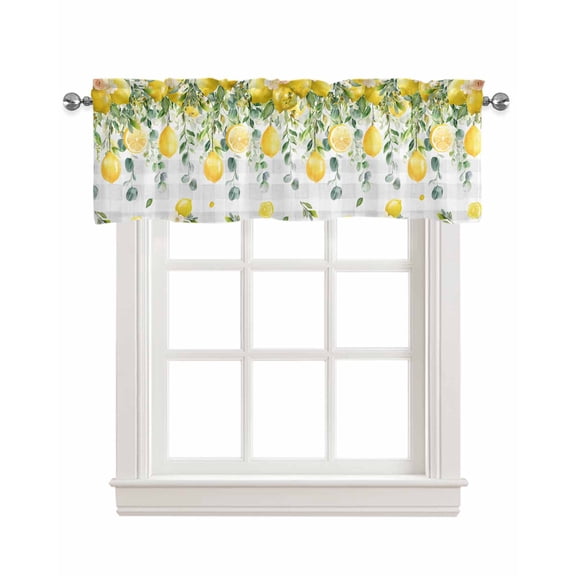 Watercolor Eucalyptus Kitchen Valances for Windows Farmhouse Linen Window Valance Curtain for Living Room Window Treatment Gray Plaid Flower Sweeping Leaf Valance Rod Pocket Topper, 42 x 12 Inch