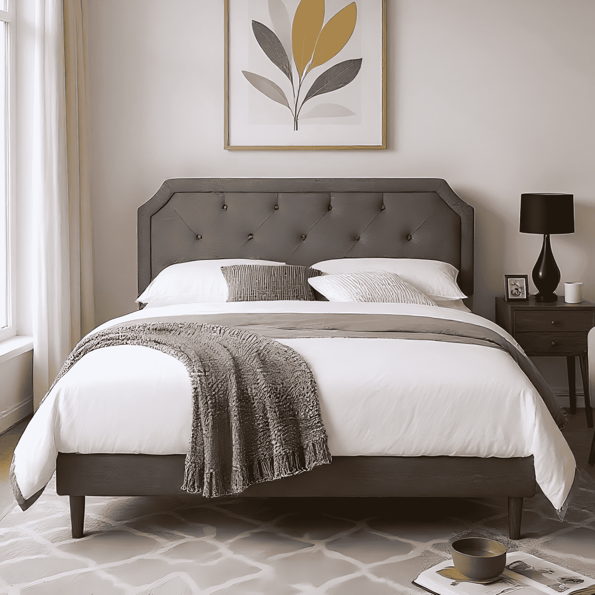 BSHTI TWIN Size Platform Bed Frame,with Upholstered Headboard,Adjustable Headboard,Linen Upholstery, and Center Support Leg, Easy Assembly Grey