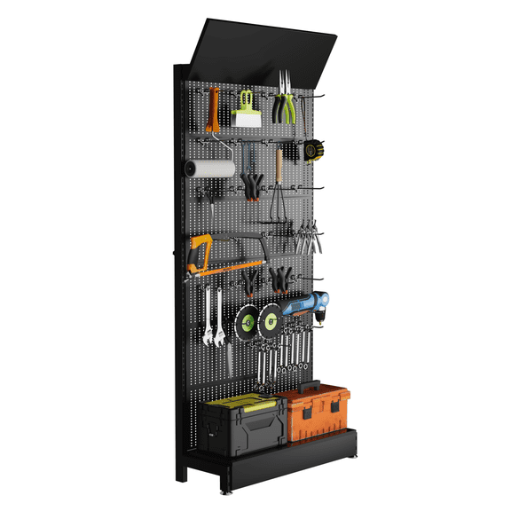 Ztysn Metal Pegboard Stand Shelf,with 30 Hooks,85x36x13 in,Garage Tool Storage Pegboard Organizer Retail Display Rack for Craft Shows,Exhibition Hall/Black