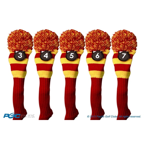 Majek #3, 4, 5, 6, & 7 Hybrid Combo Pack Rescue Utility Red & Yellow Golf Headcover Knit Pom Pom Retro Classic Vintage Head Cover
