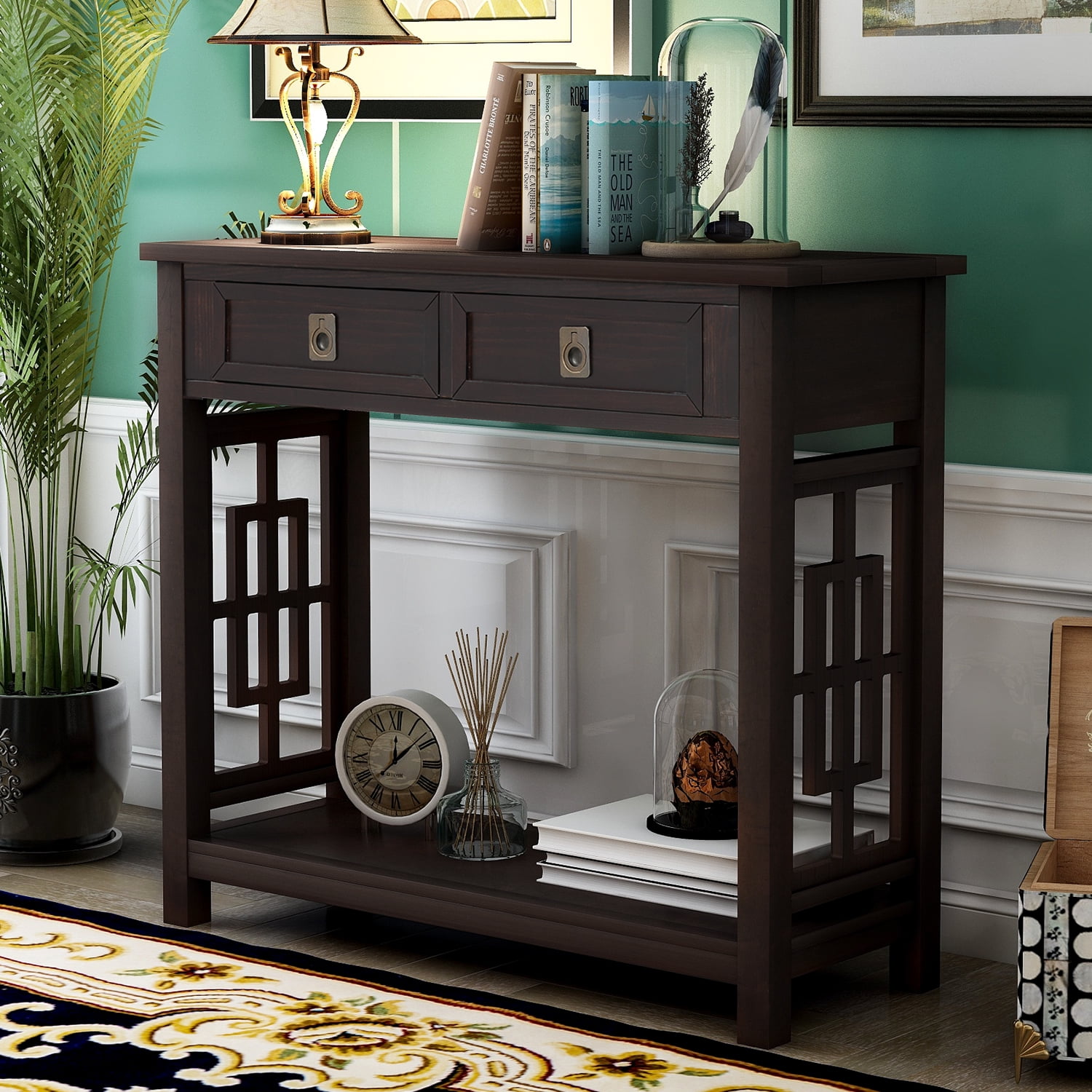 Entryway Hall Console Table Sofa Table with 2 Drawers Bottom Shelf Furniture 