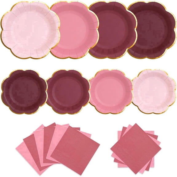 MSHJA 60pcs Burgundy Plates and Napkins Party Supplies, Maroon Scalloped Paper Plates with Gold Rim, Disposable Tableware Set for Graduation, Birthday, Bridal & Tea Party