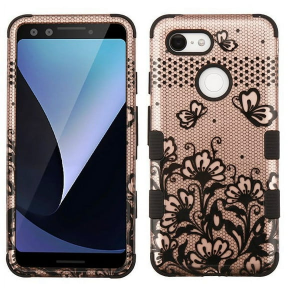 Cover for Google Pixel 3 Hybrid Three Layer Hard PC Shockproof Heavy Duty TPU Rubber Anti-Drop Phone Case Fit Pixel 3 [ Rose Gold Lace Flowers ]