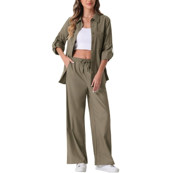 INSPIRE CHIC Women's 2 Piece Linen Set Button Down Shirt Drawstring Wide Leg Pants Casual Outfit XS Gray Green