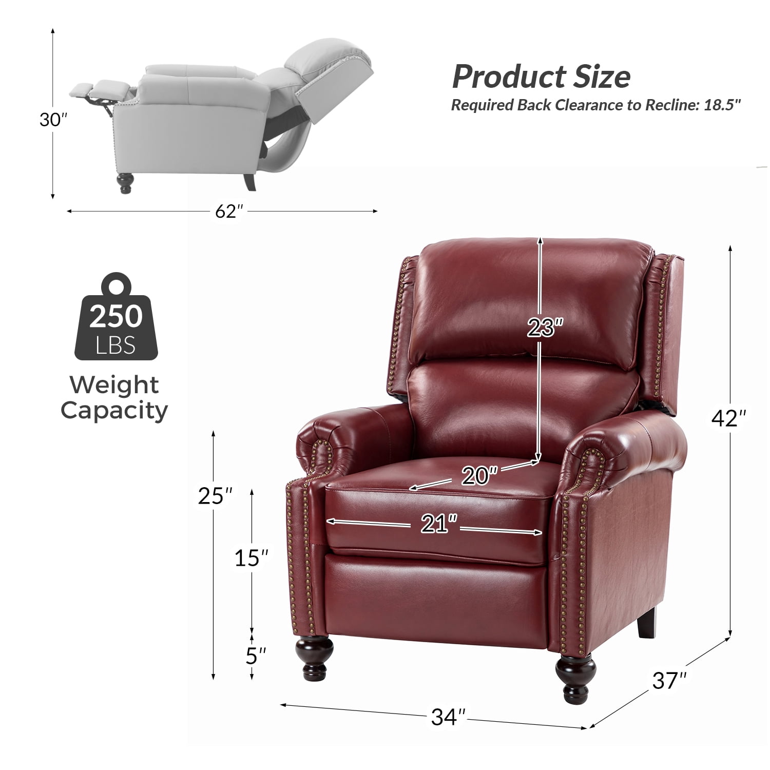 Mid-century Genuine Leather Pushback Recliner Chair with Nailhead Trim Set of 2 Burgundy