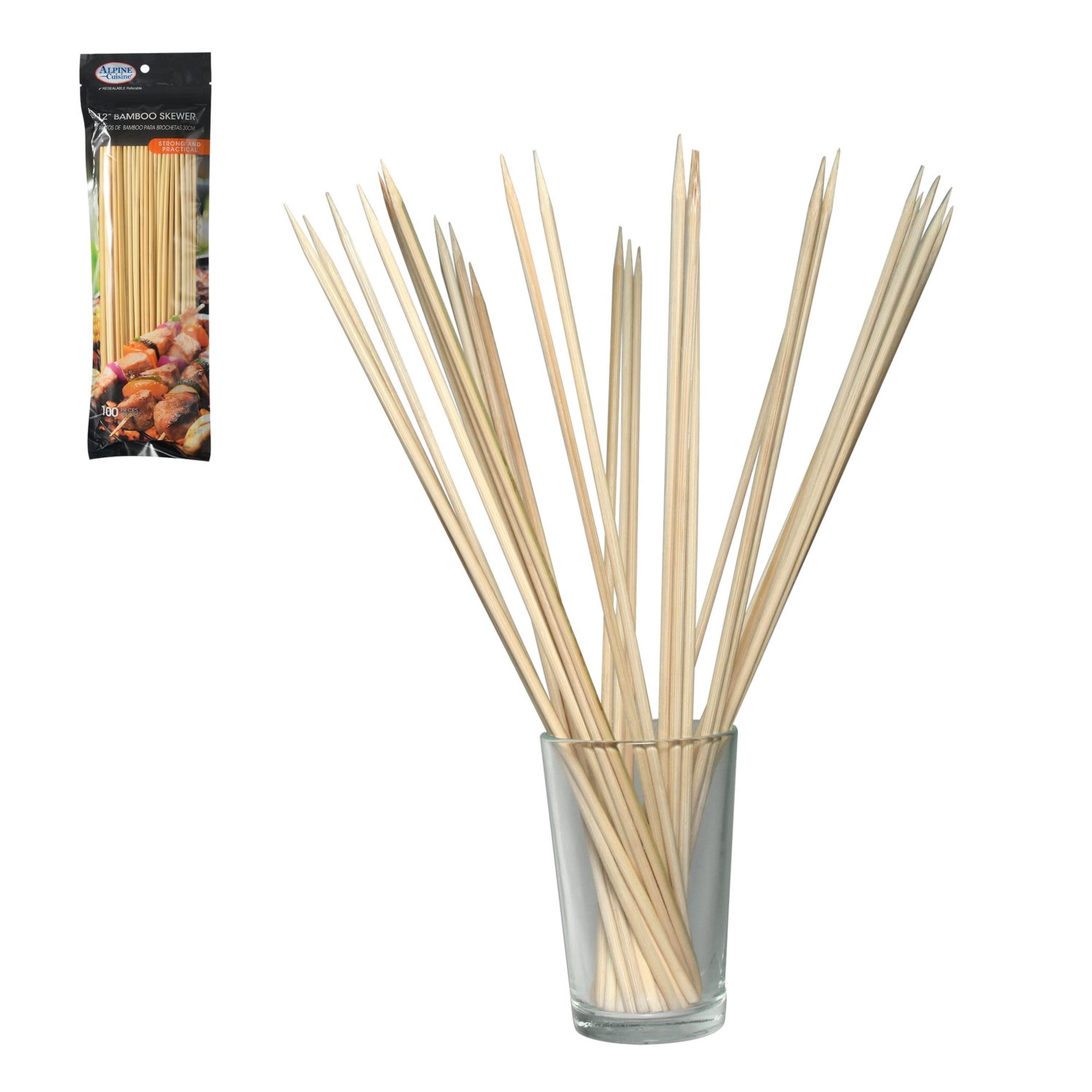 Alpine Cuisine Natural Bamboo Skewers for BBQ 12-Inch - Wooden Shish Kabob Skewers for Grilling - Kebab Skewers for Appetizers, Smore Bamboo Sticks, BBQ Wood Sticks, Smores Sticks (100 Count)