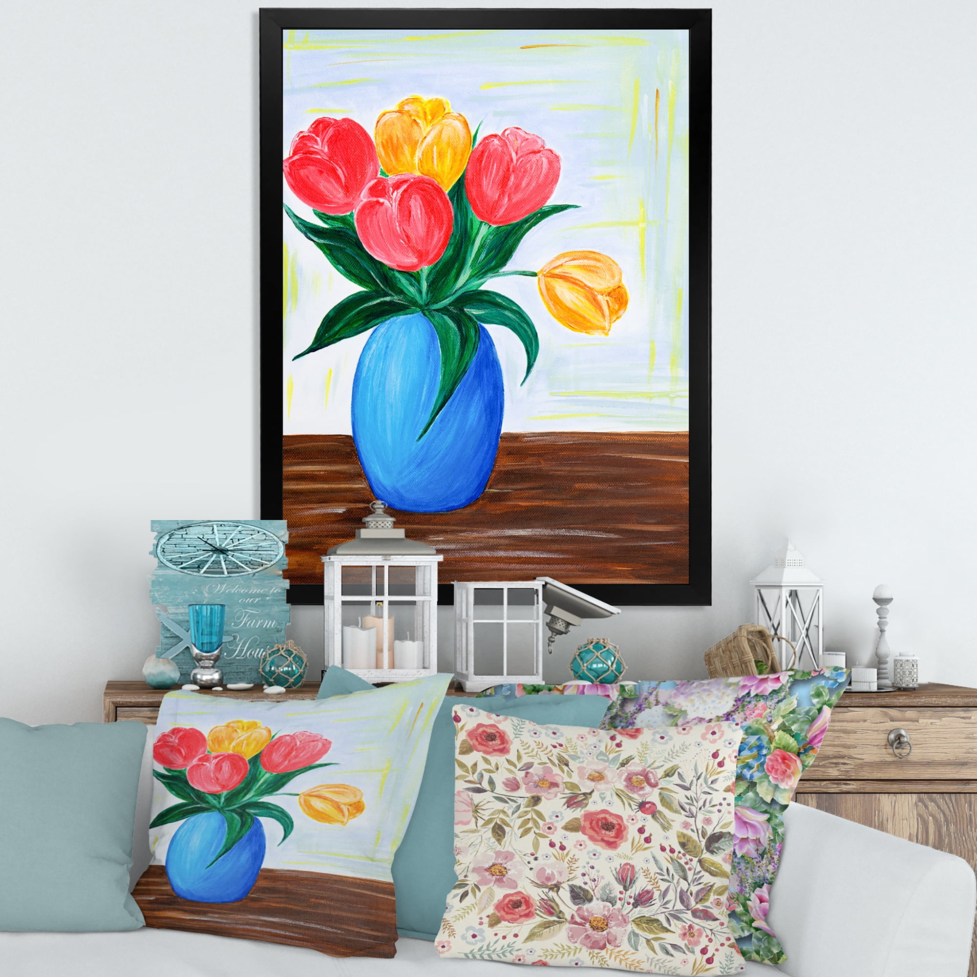 Designart 'Bouquet Of Orange and Red Tulips In A Vase' Traditional Framed Art Print