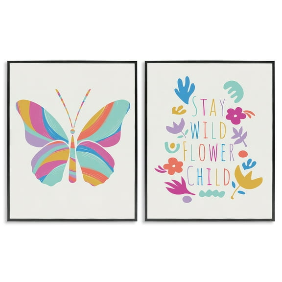 Stupell Industries Stay Wild Butterfly Text & Numbers Painting Black Framed Art Print Wall Art, 11 x 14, Set of 2