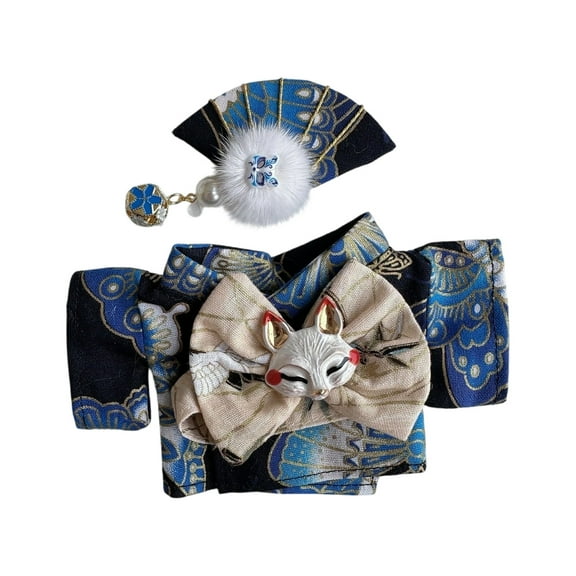 Traditional Japanese Kimono Costume for Cats with Fox Mask and Fan Accessories Elegant Pet Outfit for Special Occasions