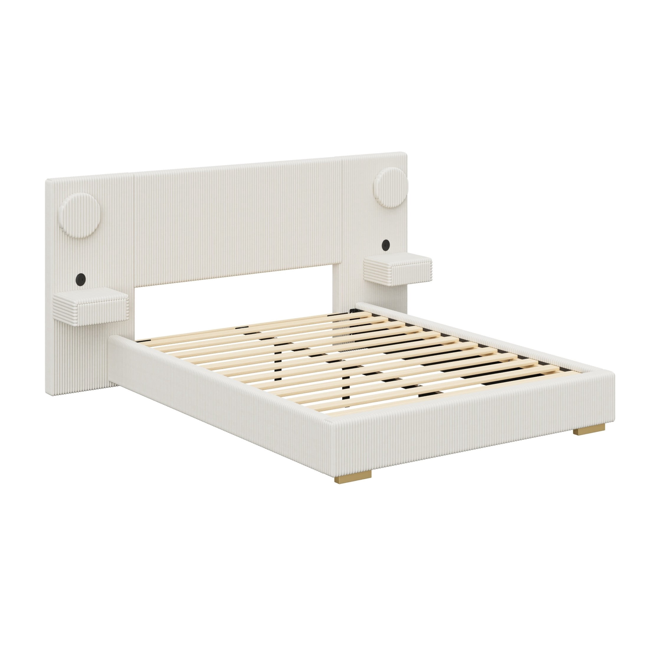 Noble House Dellas Queen Size Upholstered Platform Bed with LED Lights, Charging Ports & Side Storage Drawers, Beige