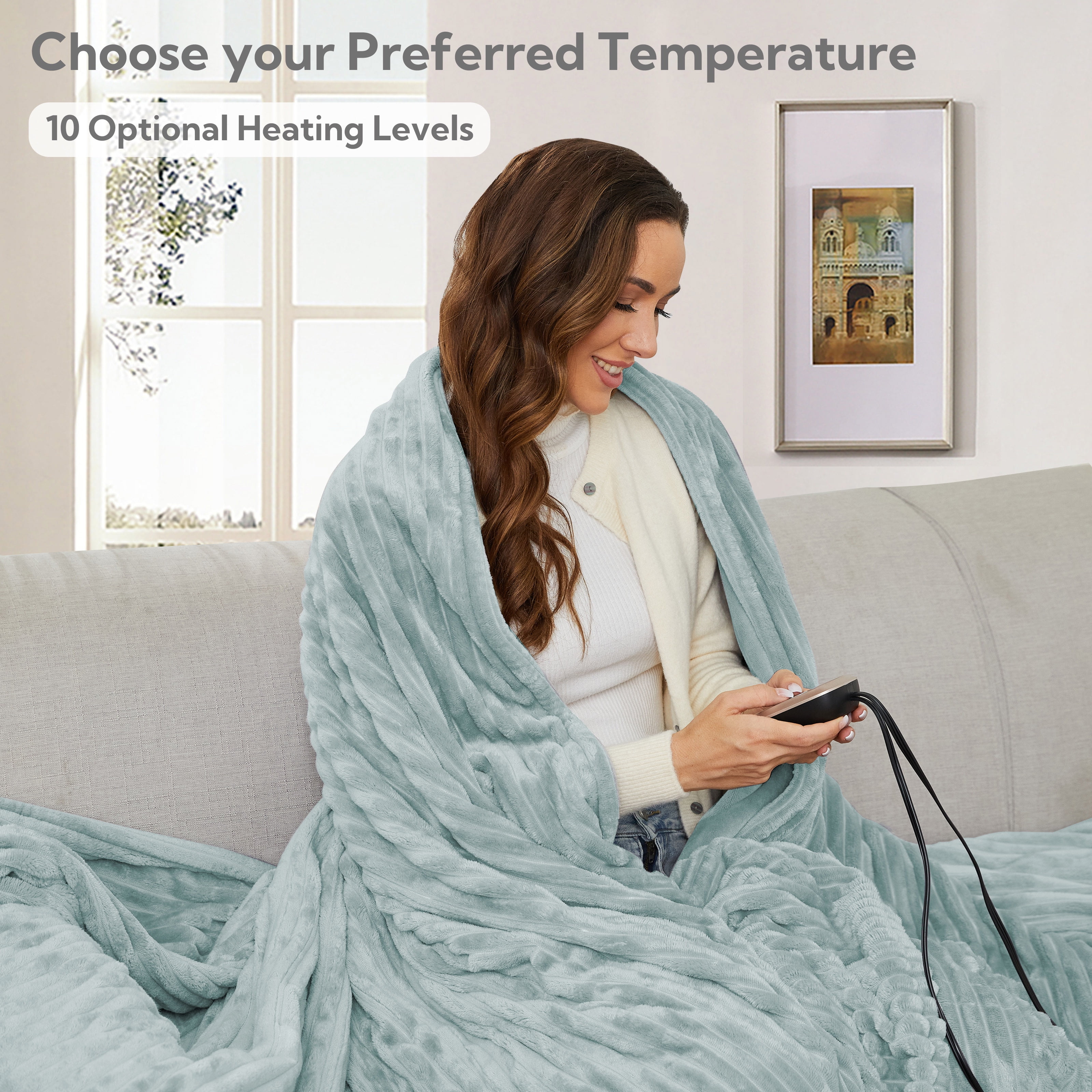 SUNNY HEAT Heated Electric Blanket Ribbed Flannel 72"x84" Full Size - 10 Heating Settings & 2/4/6/8/10/12 Hours Auto off, Thick and Warm Washable - Mint Green