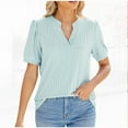 thumbnail image 2 of Wiyuqeen Women's Solid Color Ribbing Knit Blouses Basic Notch V Neck Tunics Casual Crochet Puff Sleeve Summer Tops Elegant Pleated Short Sleeve Tees, 2 of 9