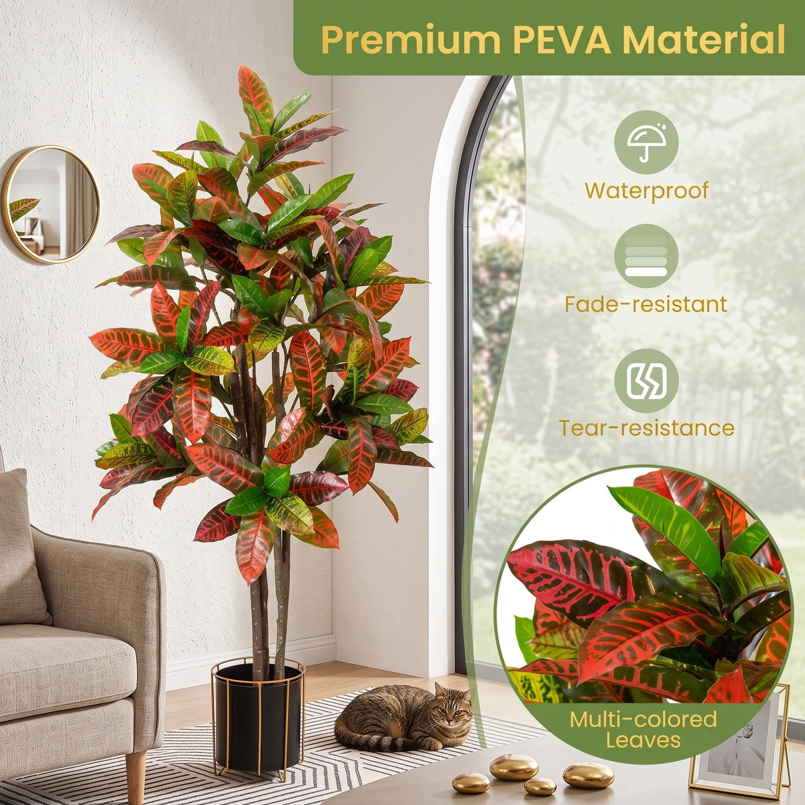 ALPULON 5 FT Tall Artificial Croton Plant with Gradient Leaves and Nursery Pot, Faux Silk Tree for Indoor Home Office Decor, 2 Pack, Multicolor