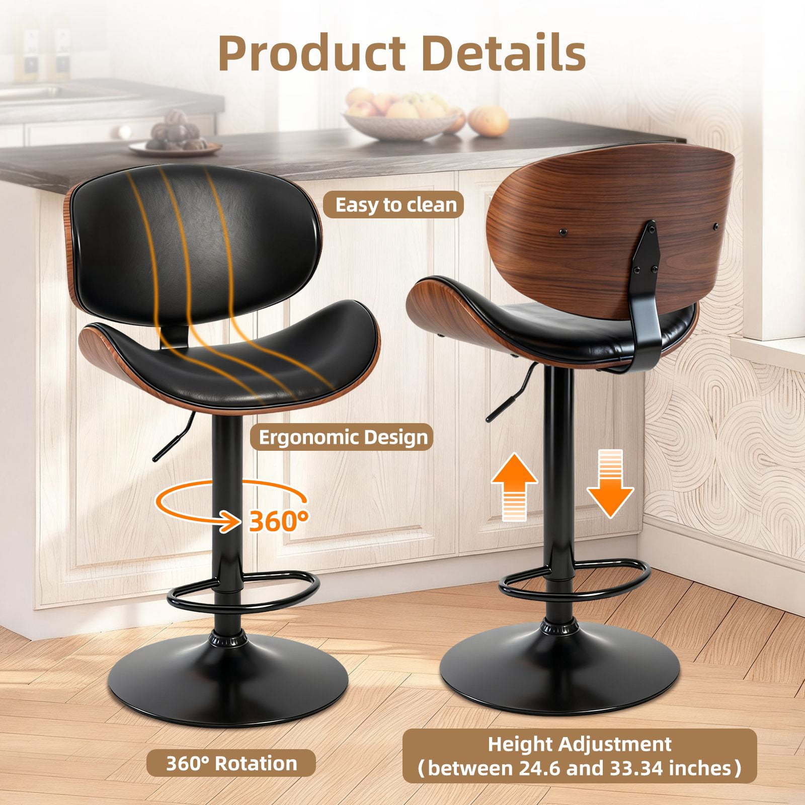Set of 2 Rotating Bar Stools With Adjustable Height, Pu Leather Decorative Chairs, Backrests And Footstools, And Anti-Slip Rubber Bases