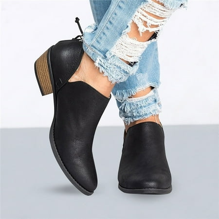 

Foraging dimple Women s Boots Leather Cowhide Short Boots Low Heel Round Toe Casual Shoes Black
