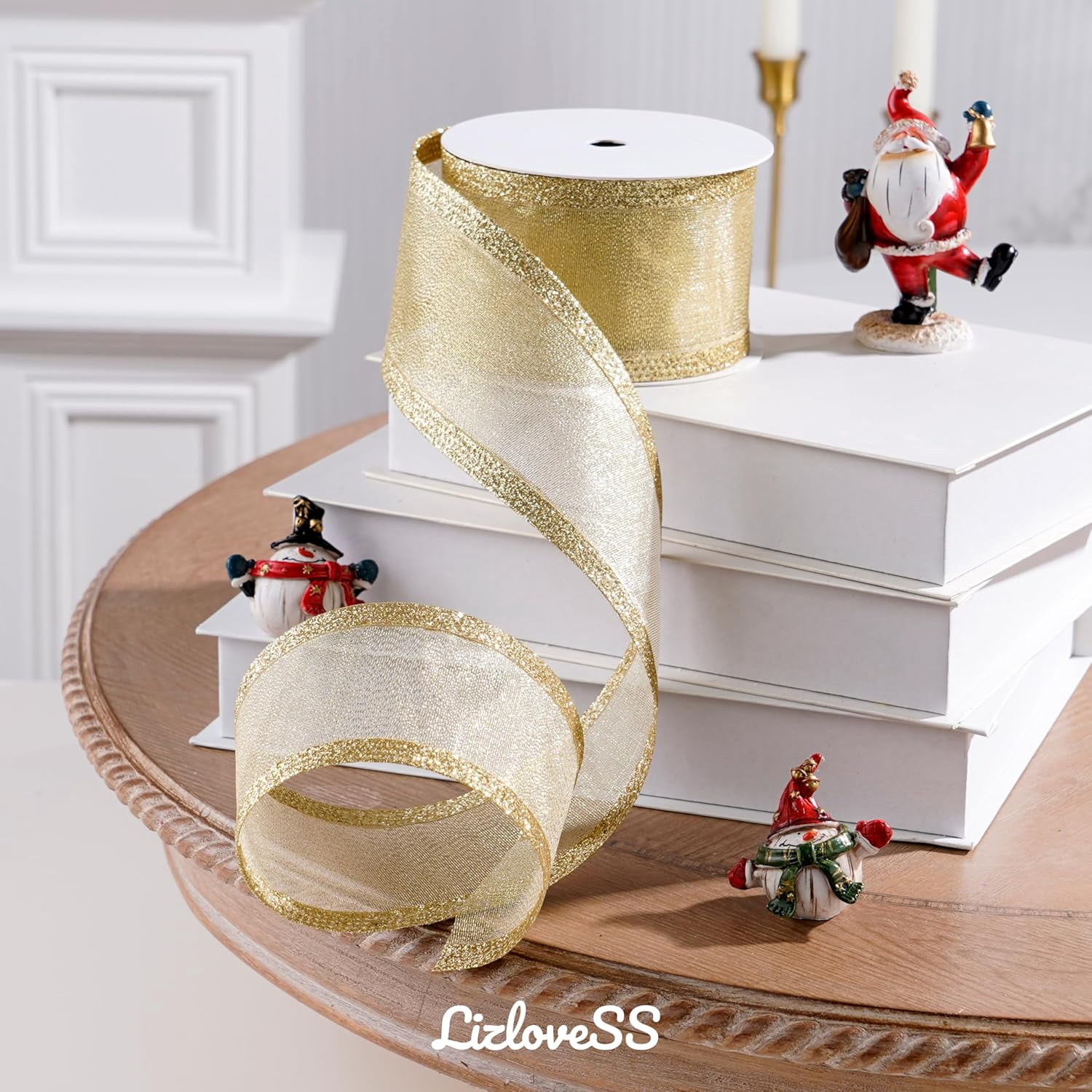 Gold Christmas Ribbon Wired 2.5 Inch Metallic Gold Wired Ribbon with Glitter Stripe, Gold Ribbon for Christmas Tree, Wreaths Supplies, Swag, Garland, Holiday Decor- 10 Yards