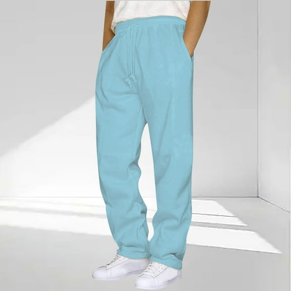 Plus Size Mens Sweatpants with Pockets - Drawstring Casual Open Bottom Athletic Joggers - Loose Fitting Gym Workout Running Pants Light Blue 4XL