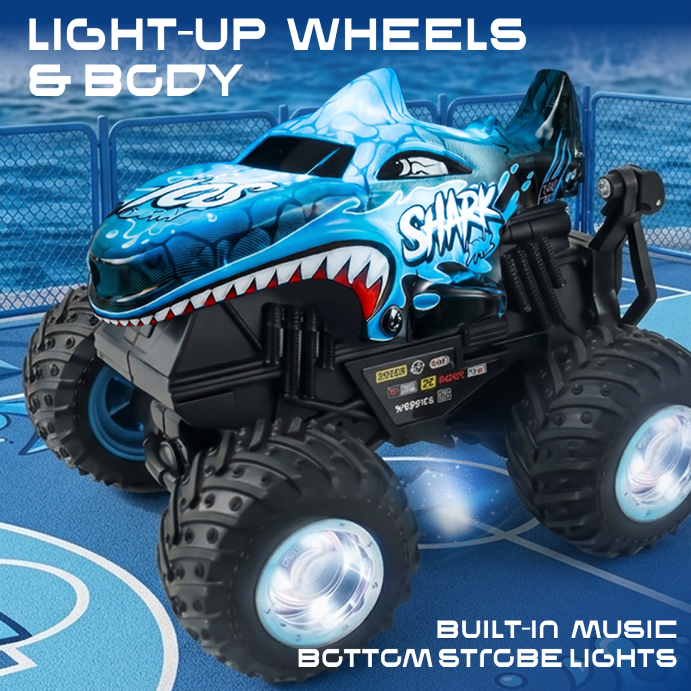 YCFUN RC Monster Truck Toy for Kids, 360° Spins RC Car with Music and LED Car Shell & Wheels for Boys Girls Ages 3+ (Blue)