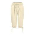thumbnail image 4 of HKYNLAG Women's Bermuda Shorts Knee Length Elastic Waist Drawstring Linen Lightweight Summer Long Shorts with Pockets Beige 2XL, 4 of 7