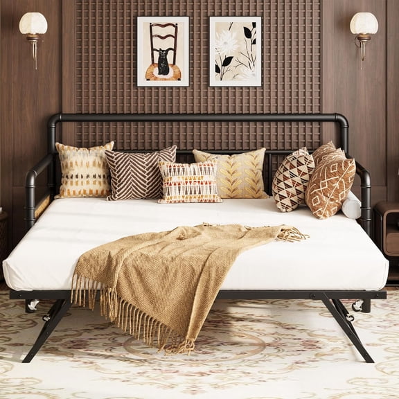 Twin Daybed with Pop-Up Trundle – Metal Bed Frame with Steel Slat Support, Sofa Bed Function, Easy Assembly, Black