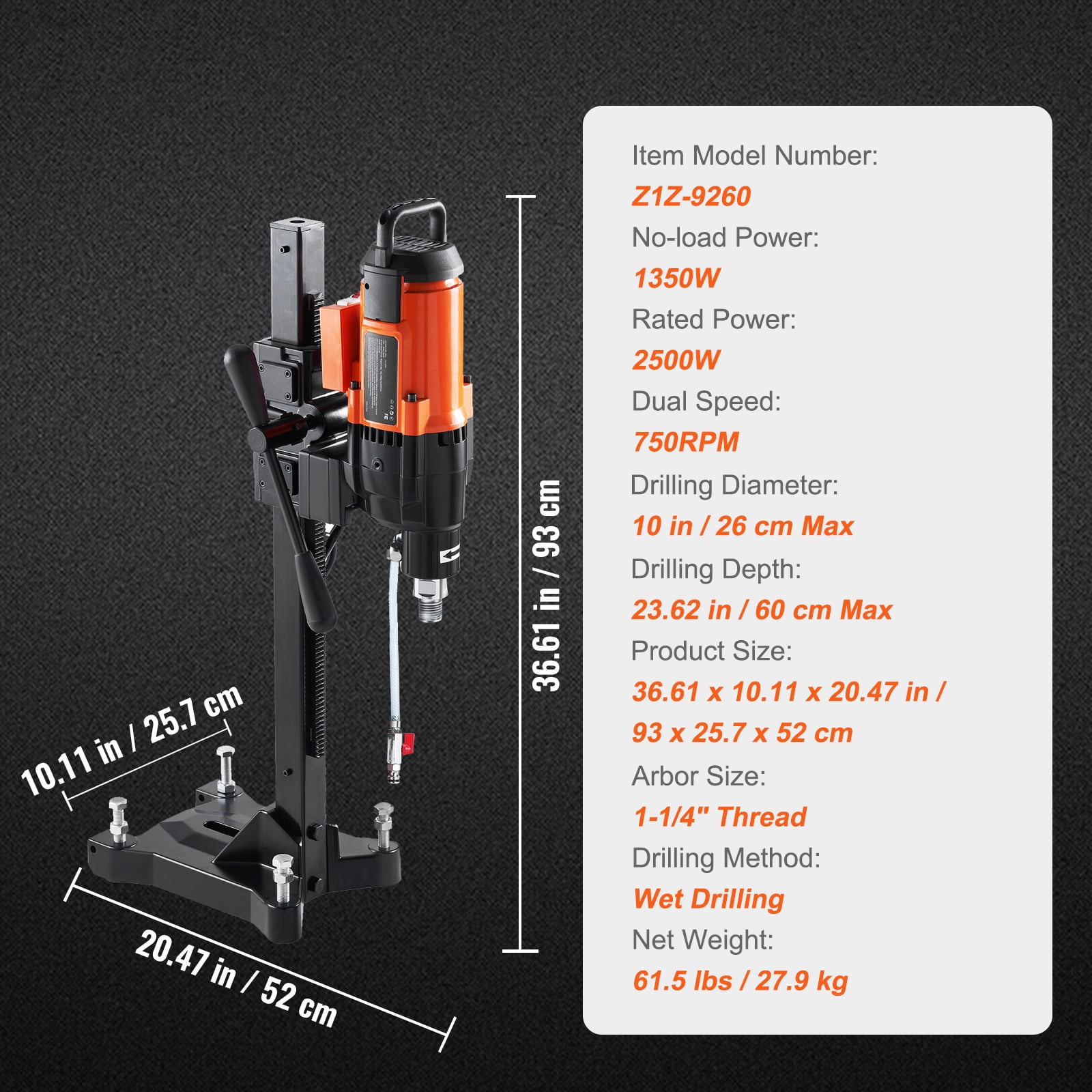 KFFKFF Diamond Core Drill Bit Set, 10in Damp Cement Core Drilling Apparatus with Stand Wheels, 750RPM Velocity & 1-1/4" Thread & Elevating Grip, 10in Boring Width for Cement Brick Block Stone, 2500W