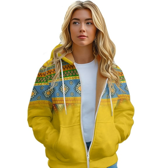 Women's Printed Jacket Vintage Ethnic Arctic Fleece Long Hoodie With Zipper Warm