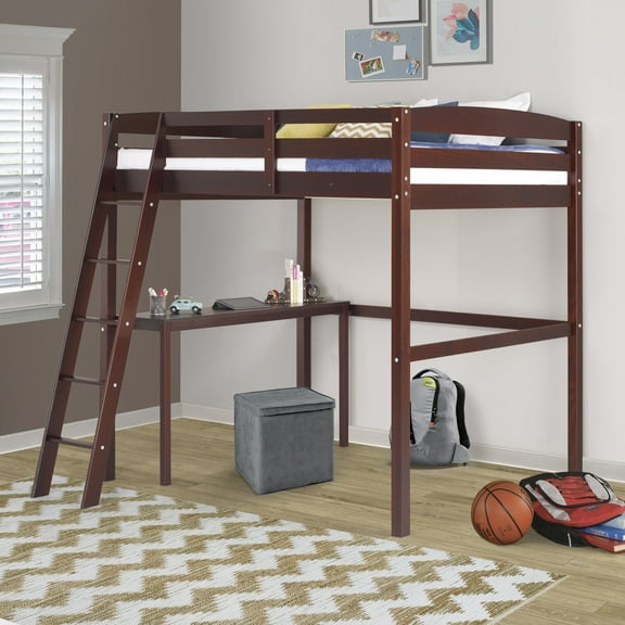 Camaflexi Tribeca Solid Pine Wood High Loft Bed Full with Desk in Cappuccino