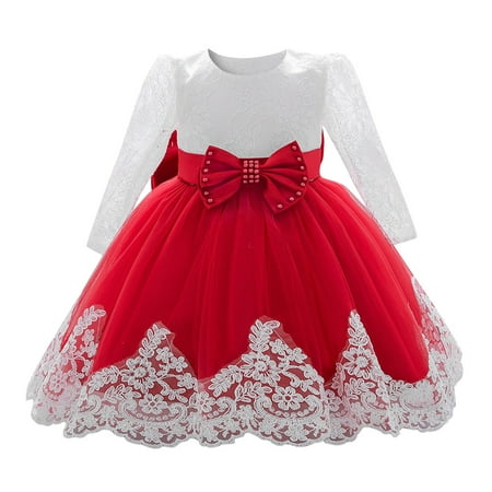 

Girls Fashion Dresses Baby Girls Ruffle Long Sleeve Lace Bowknot Flower Dresses Pageant Party Wedding Princess Dress
