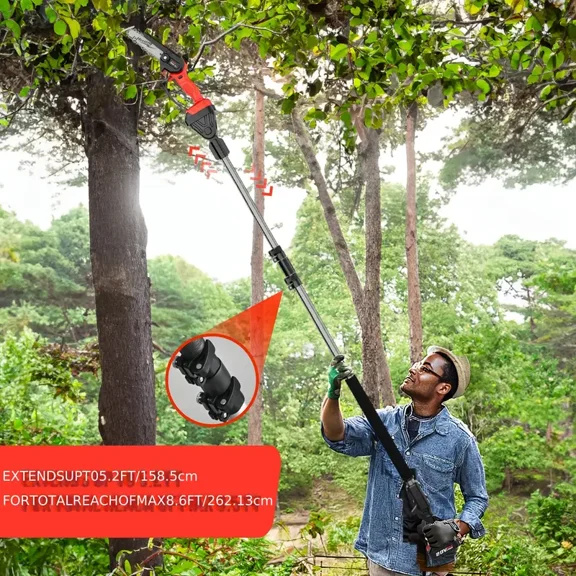 2-in-1 Cordless Pole Saw, 6-inch High Branch Saw, 20V 2.0Ah Battery Powered Chain Saw, Expandable Up to 8.6 Feet, Used for Wood Cutting, Garden Logging, Pruning Branches