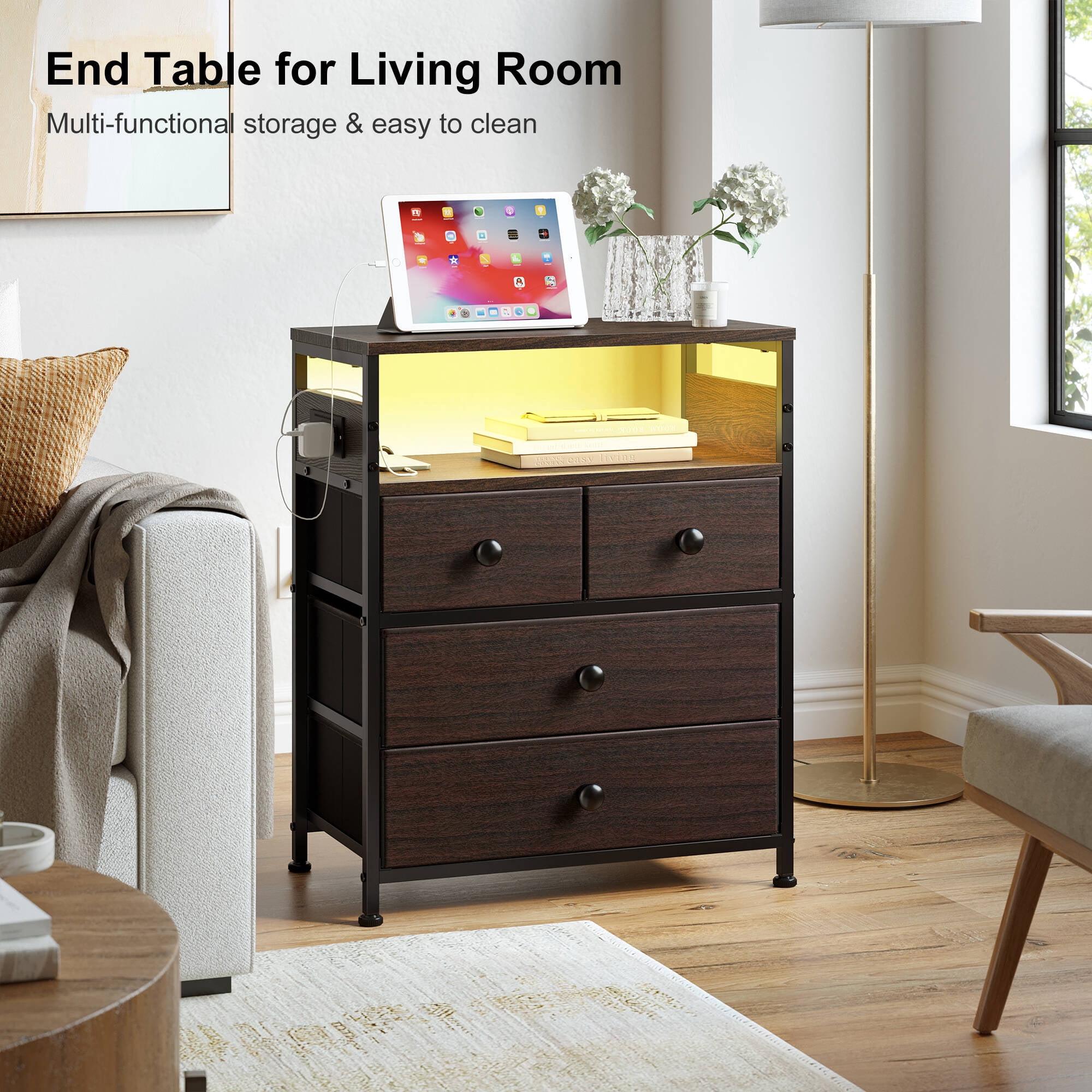 GUNAITO Led Nightstand Set of 2 with 4 Drawers Bedside Table with Charging Station Wide End Table with Storage Shelf for Living Room,Brown