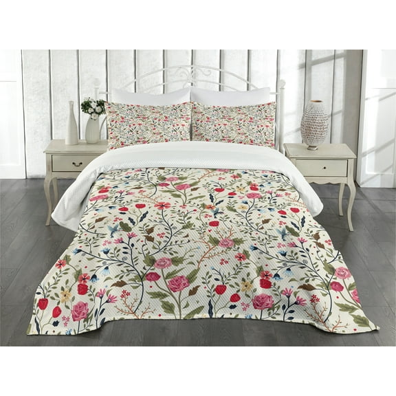 Ambesonne Floral Quilted Bedspread Set 3 Pcs, Birds Roses Polka Dots, King Size, Multicolor