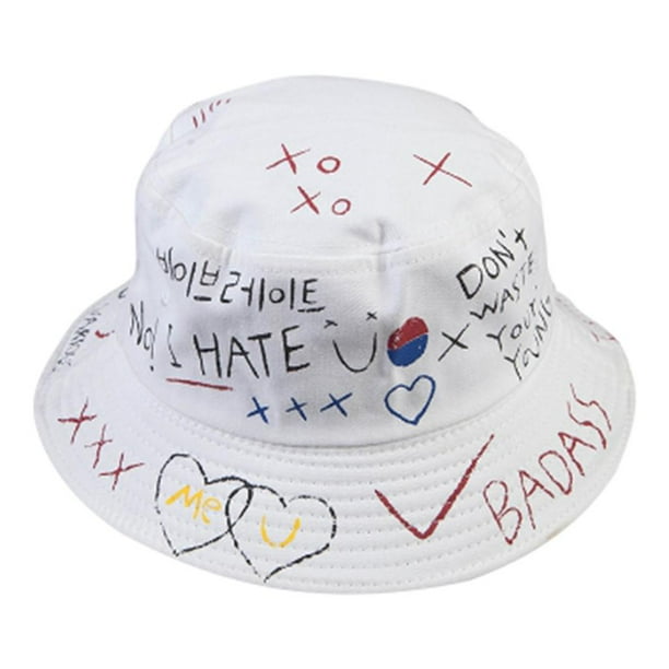 Moda Graffiti Sombrero de pescador plegable Gorra de cubo de estilo Hip Hop Blanco