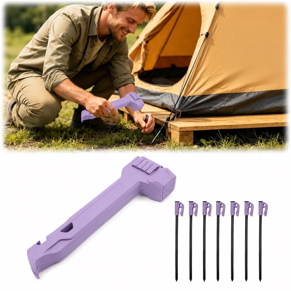 Camping Hammer with 8 Pegs, Multifunction Tent Stake Mallet with Peg Puller and Bottle Opener, Lightweight Outdoor Tool with Storage Handle for Camping Hiking Backpacking