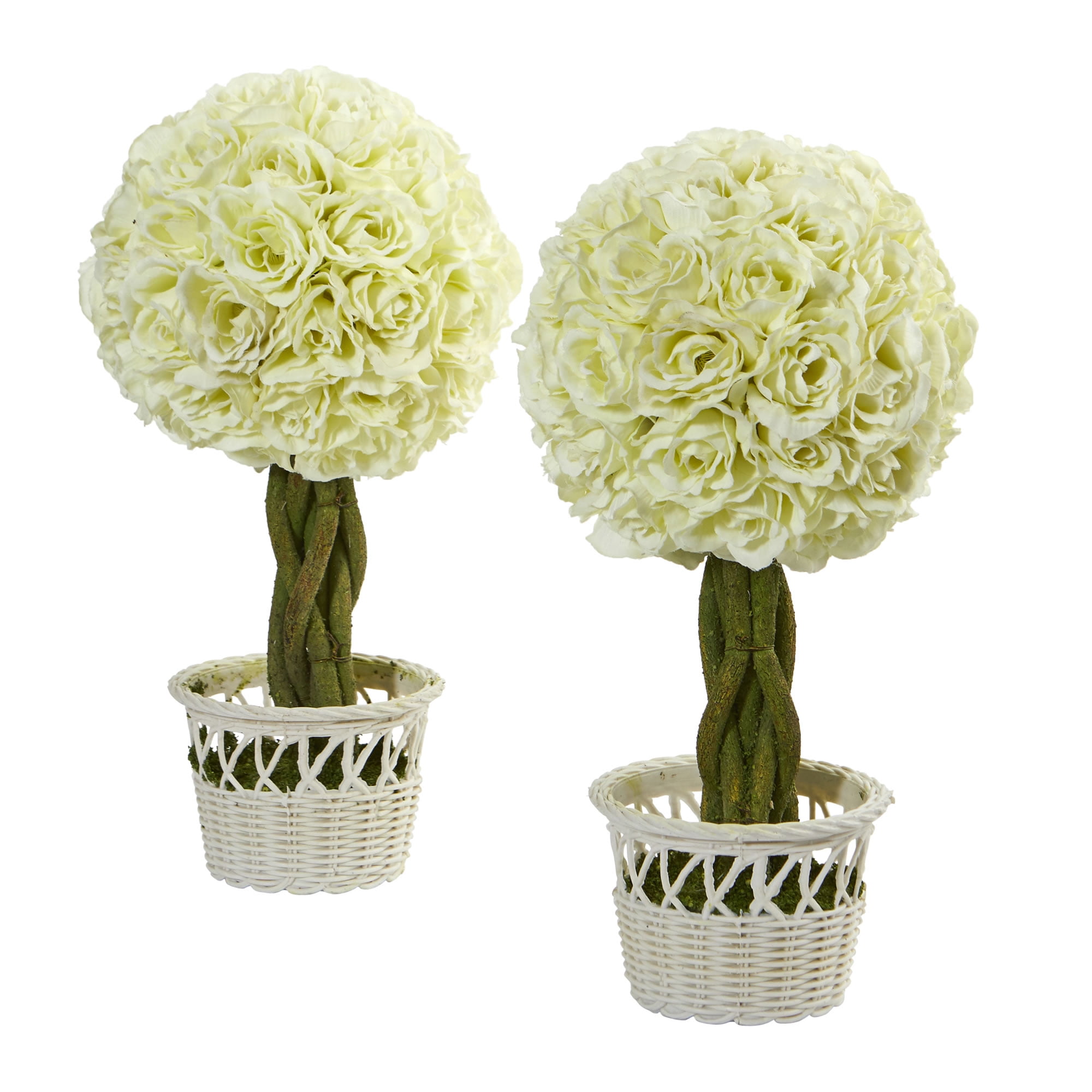 Nearly Natural 13in. Artificial Rose Topiary Plant in White Wicker Pot
