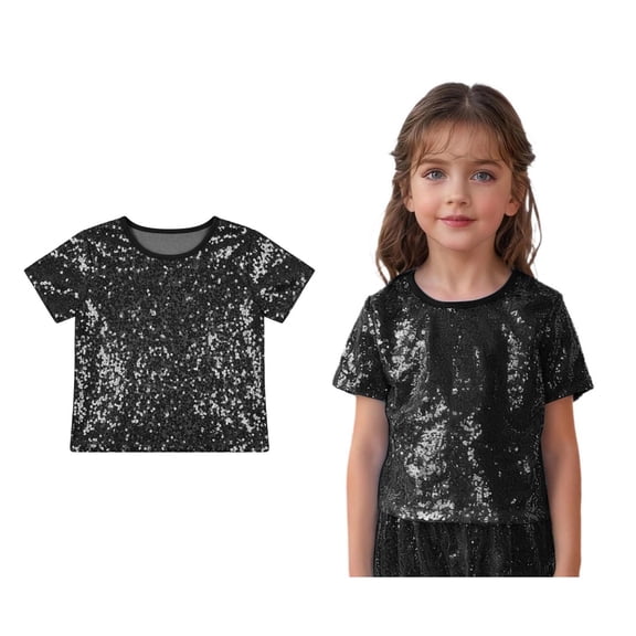 Kids Boys Girls Sparkle Sequins Cropped Top Short Sleeves Loose T-Shirt Latin Jazz Hi Hop Dance Performing 3-7 Years