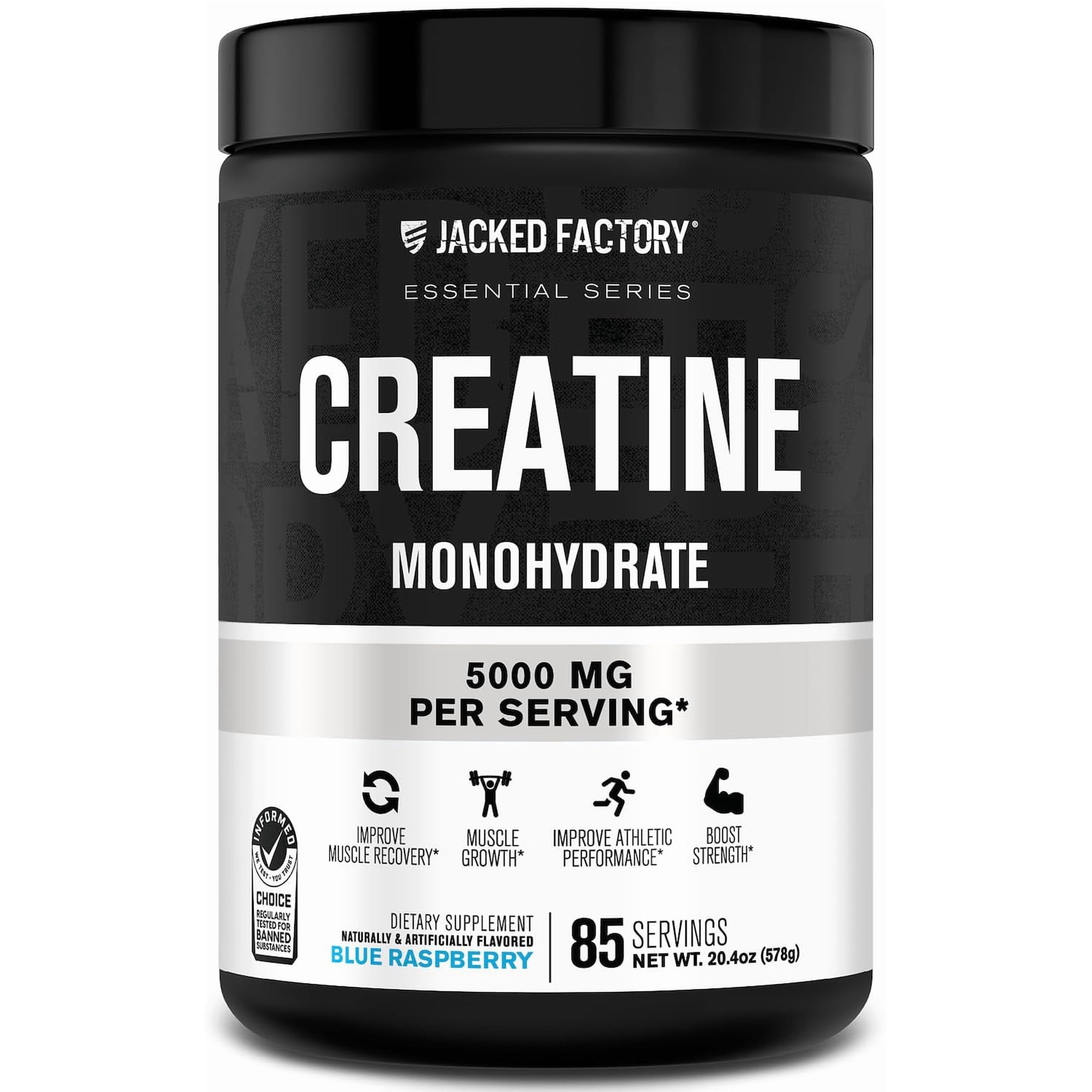 Jacked Factory Creatine Monohydrate Powder 20.4 oz (578g) - 5g Daily Creatine Supplement for Men and Women, Vegan-Friendly, Third-Party Tested - 85 Servings, Blue Raspberry