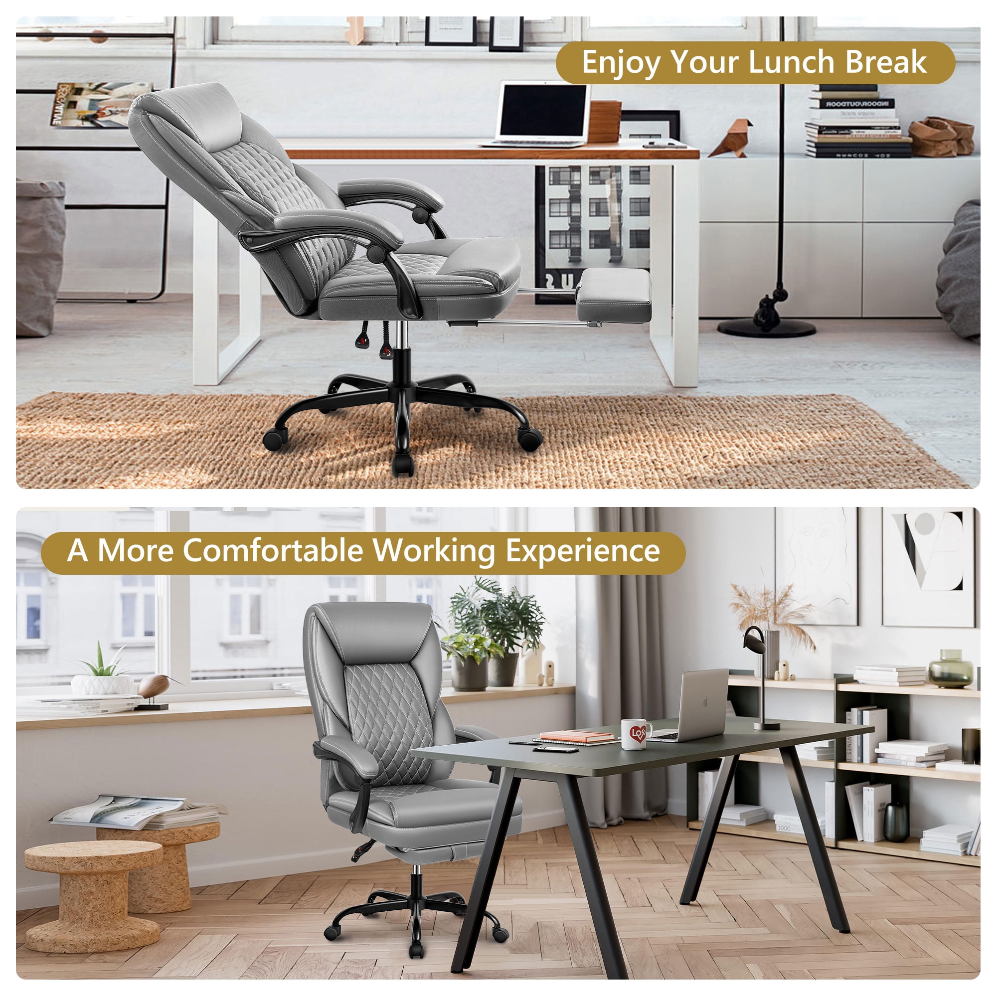 Primy Office Chair with Retractable Footrest, Ergonomic High Back Executive Computer Desk Chair, Big & Tall PU Leather Reclining Chair for Home Office Work