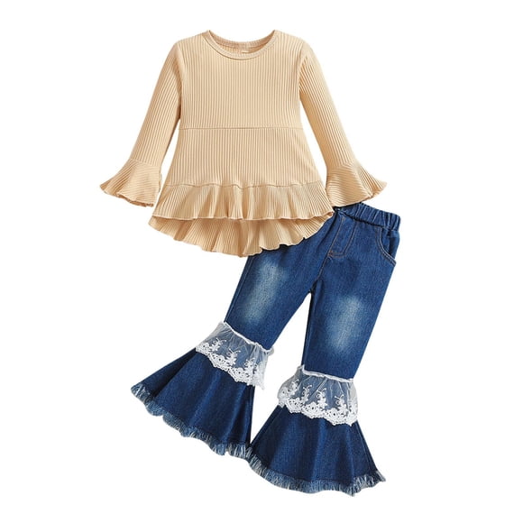 Odeerbi 1-6 Años Conjuntos Para Niñas Camisa de Manga Larga Con Volantes Pantalón Vaquero Acampanado Conjunto de Dos Piezas Pantalón Vaquero Conjunto de Dos Piezas Pantalón Vaquero