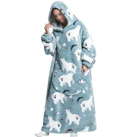

Frontwalk Women Lounge Fuzzy Fleece Oversized Wearable Blanket Long Sleeve Kangaroo Pocket Sleep Dress Pajama Nightgowns White Bear Print